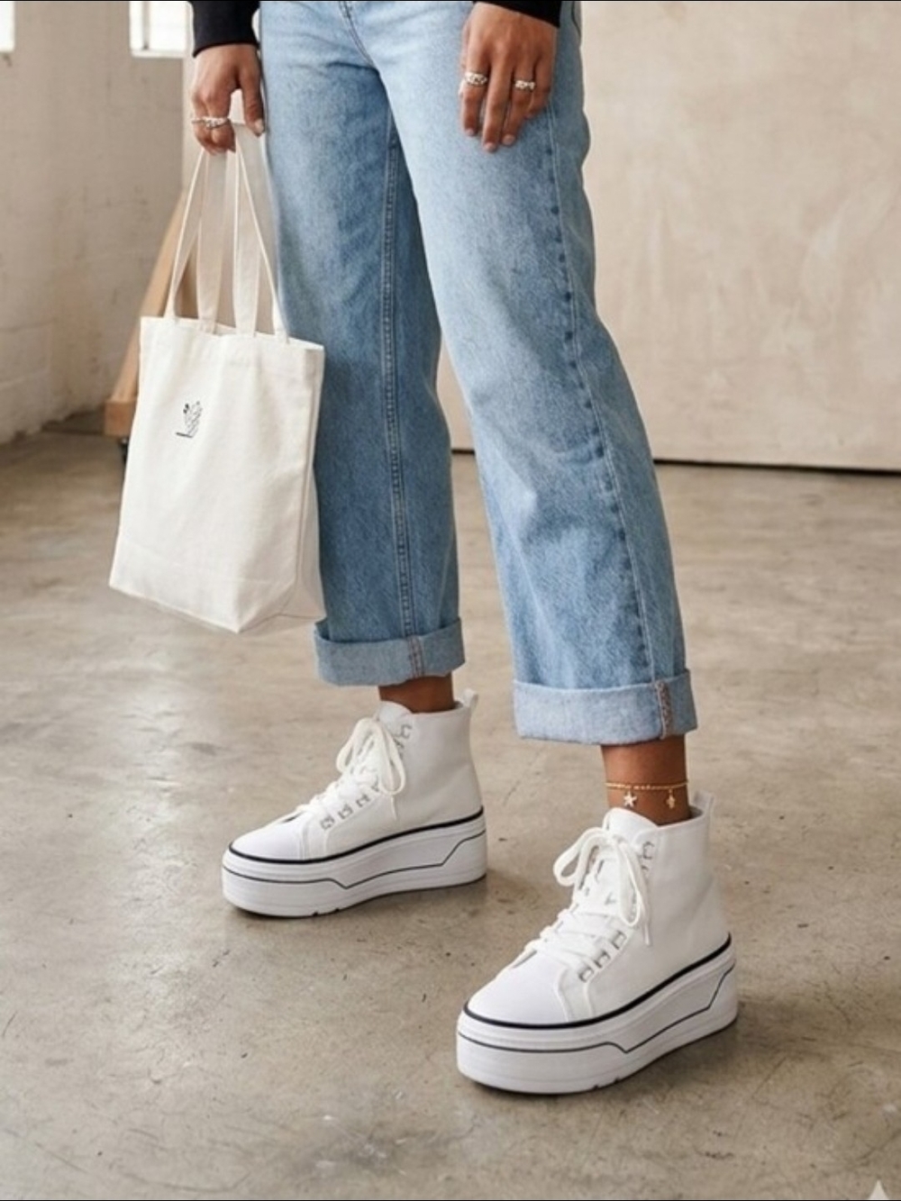 White Platform High-Top Sneakers with Black Stripe Detail